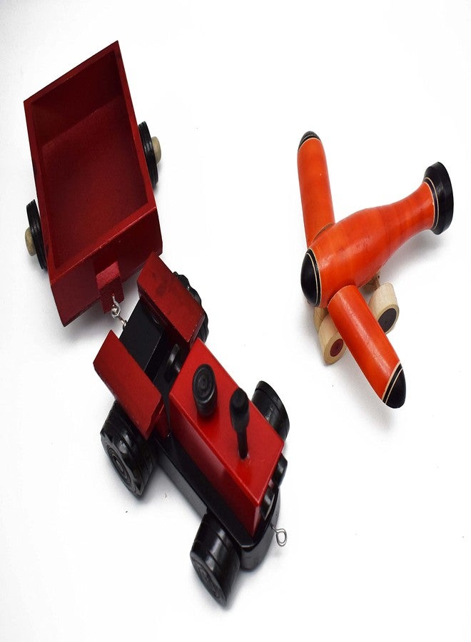 justhandmade Just Handmade Wooden Aeroplane | Tractor with Trolley, Colors May Vary(Combo of 2) - Image 1